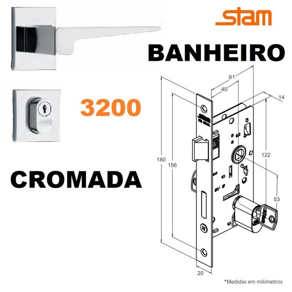 FECHADURA DE BANHEIRO "3200" COM ROSETA QUADRADA STAM - CLASSIC 3200 WC CROMADA