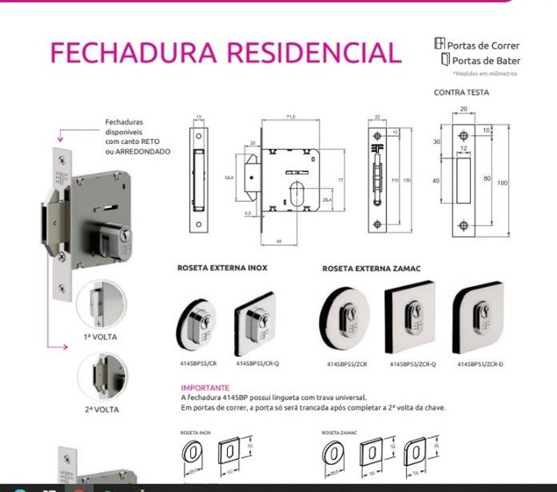 FECHADURA DE CORRER COM ROSETA (ASA AVIAO) 3F - QUADRADO 4145BP55/CR-Q CROMADA