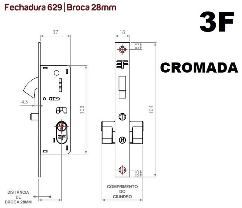 FECHADURA PARA PORTA DE PASSAGEM BICO PAPAGAIO 3F - 629/50CR