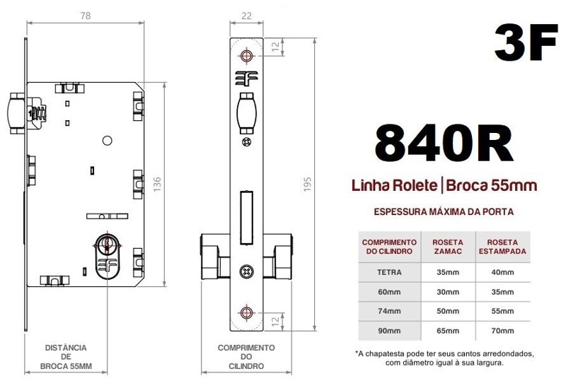 FECHADURA PIVOTANTE COM ROSETA QUADRADA 3F - 840R55CR CROMADA
