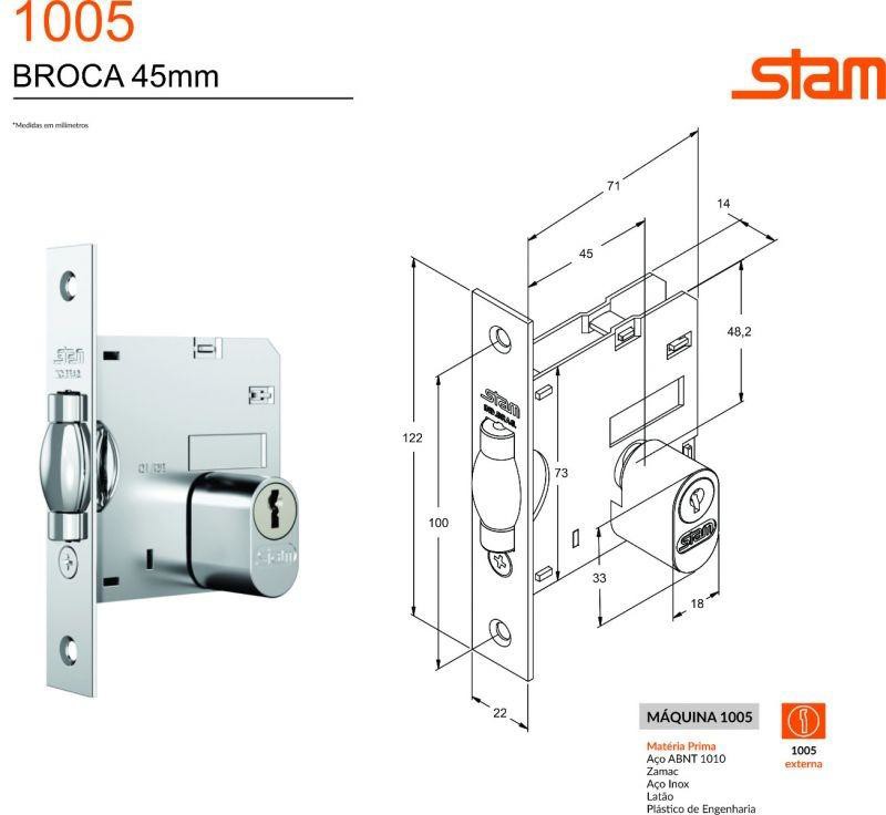 FECHADURA PIVOTANTE COM ROSETA QUADRADA STAM - 1005 DE 45MM CROMADA