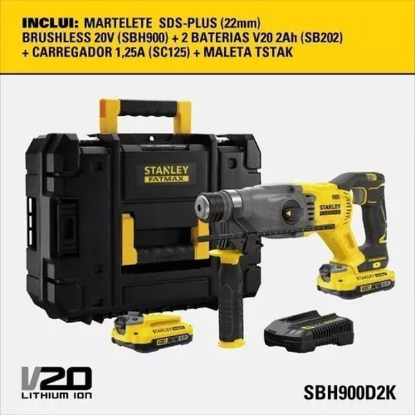 MARTELETE DE IMPACTO 2.0J A BATERIA 20V COMPLETO COM MALETA STANLEY - SBH900D2K-BR