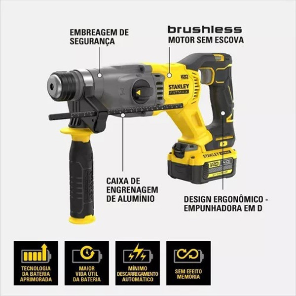 MARTELETE DE IMPACTO 2.0J A BATERIA 20V COMPLETO COM MALETA STANLEY - SBH900D2K-BR