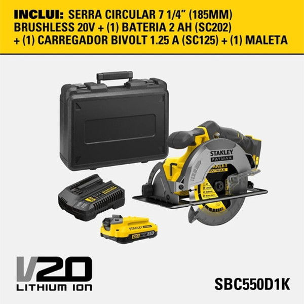 SERRA CIRCULAR 185MM A BATERIA 20V COMPLETA COM MALETA STANLEY - SBC550D1K-BR