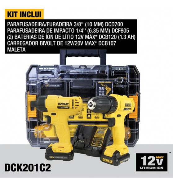KIT 02 PARAFUSADEIRAS 12V (DCD700 + DCF805) COM MALETA DEWALT - DCK201C2-BR