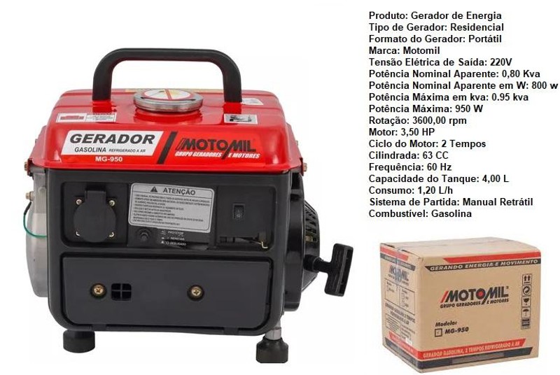 GERADOR ENERGIA A GASOLINA 800W 60HZ MG 950 -  MOTOMIL 0006255.9 220V