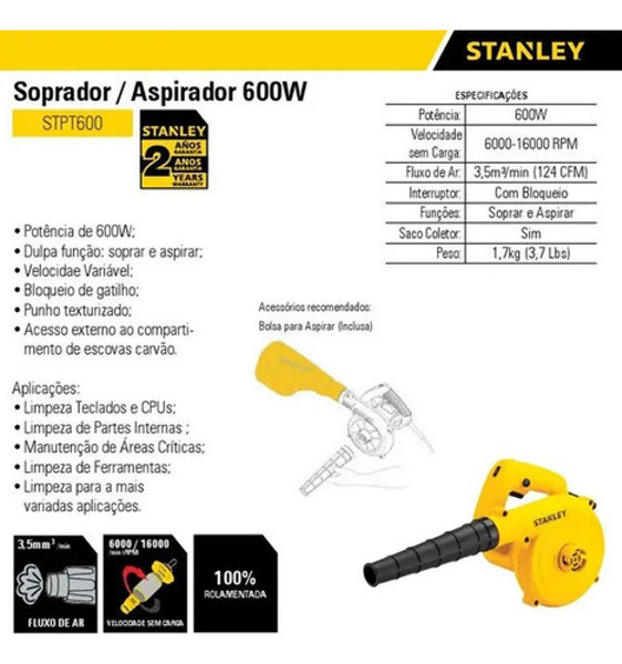 SOPRADOR ELETRICO COM 600W STANLEY - STPT600-B2 220V