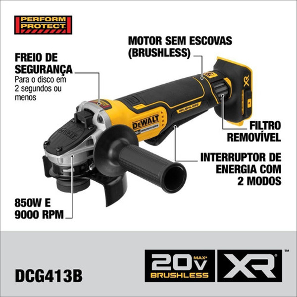 ESMERILHADEIRA ANGULAR 4.1/2'' BATERIA 20V DEWALT - DCG413B-B2