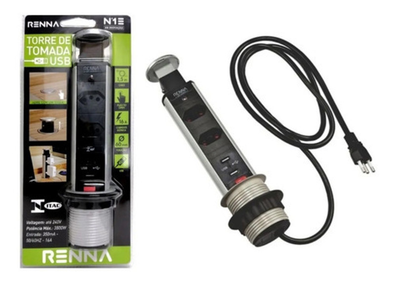 TORRE MULTIPLUG COM 01 TOMADA, 02 USB E INDUCAO RENNA - 3.650.7242 PRETA