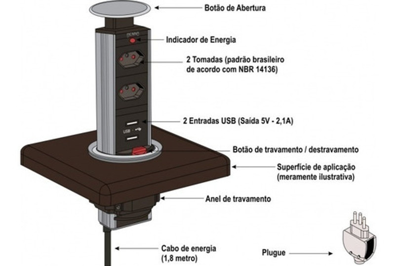 TORRE MULTIPLUG COM 01 TOMADA, 02 USB E INDUCAO RENNA - 3.650.7242 PRETA