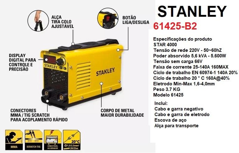 INVERSOR SOLDA 160A MMA/TIG MAX STANLEY - 61425-B2 220V
