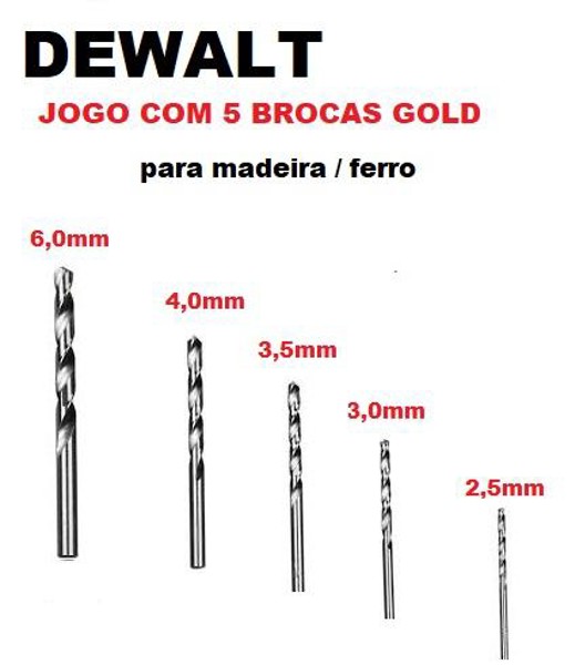 JOGO DE 05PCS COM BROCAS DE ACO PARA FERRO E MADEIRA GOLD DEWALT