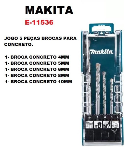 JOGO DE 05PCS COM BROCAS PARA CONCRETO MAKITA - E-11536