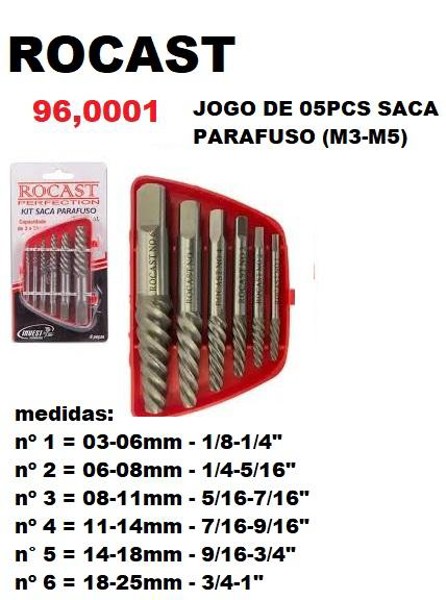 JOGO DE 05PCS COM KIT SACA PARAFUSO (M3-M5) ROCAST - 96,0001