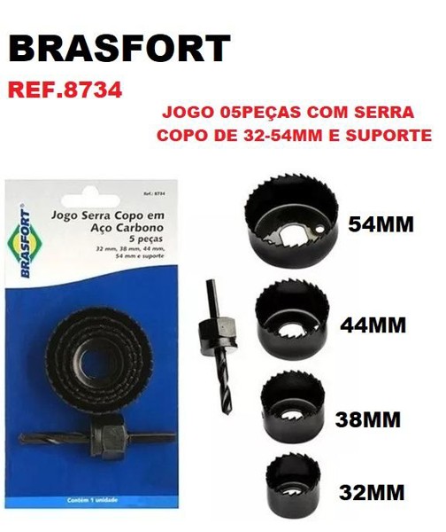 JOGO DE 05PCS COM SERRA COPO DE 32-54MM E SUPORTE BRASFORT - REF.8734