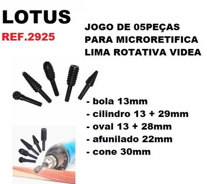 JOGO DE 05PCS PARA MICRORETIFICA LIMA ROTATIVA VIDEA LOTUS - REF.2925