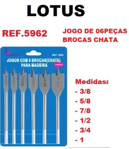 JOGO DE 06PCS COM BROCAS CHATA (3/8,5/8,7/8,1/2/3/4,1") LOTUS - REF.5962