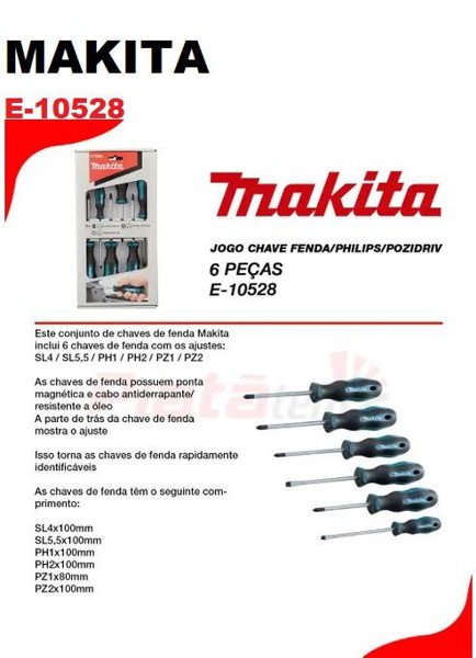 JOGO DE 06PCS COM CHAVE FENDA E PHILLIPS MAKITA - E-10528