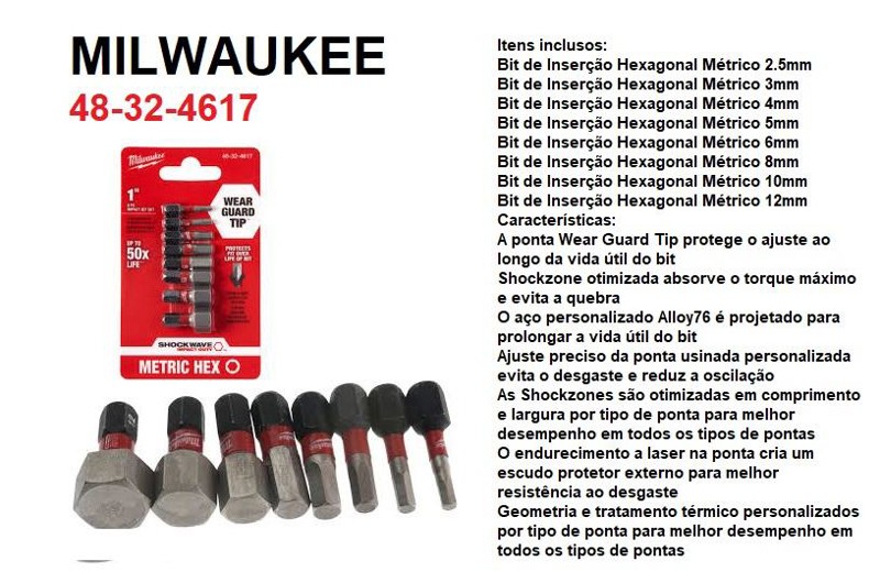 JOGO DE 08PCS BITS HEXAGONAL SHOCKWAVE MILWAUKEE - 48-32-4617