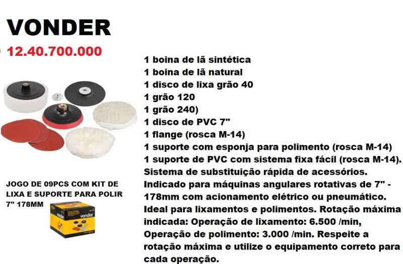 JOGO DE 09PCS COM KIT DE LIXA E SUPORTE PARA POLIR VONDER - 12.40.700.000