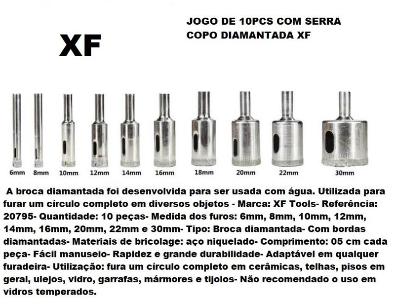 JOGO DE 10PCS COM SERRA COPO DIAMANTADA XF (6-30MM)