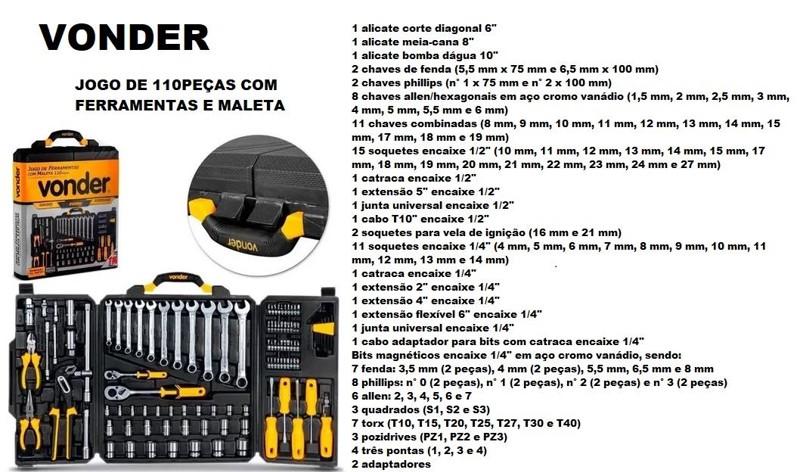 JOGO DE 110PCS COM FERRAMENTAS E MALETA VONDER