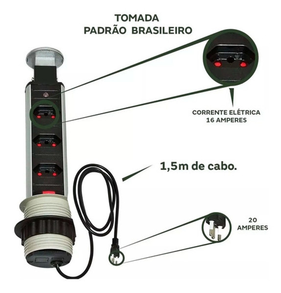 TORRE MULTIPLUG COM 03 TOMADAS SEM USB RENNA - 3.650.7297 PRETA