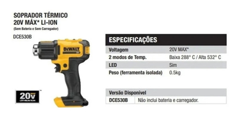 SOPRADOR TERMICO A BATERIA 20V DEWALT - DCE530B