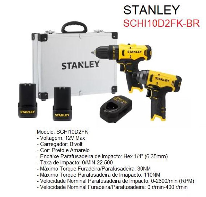 KIT 02 PARAFUSADIRAS 12V SCI10  SCH10) COM MALETA STANLEY - SCHI10D2FK -BR