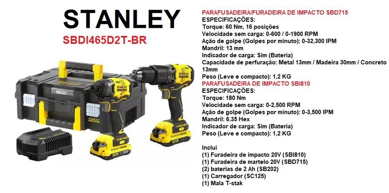 KIT COM 02 PARAFUSADEIRAS 20V (SBD715 + SBI810) COM MALETA STANLEY - SBDI465D2T-BR