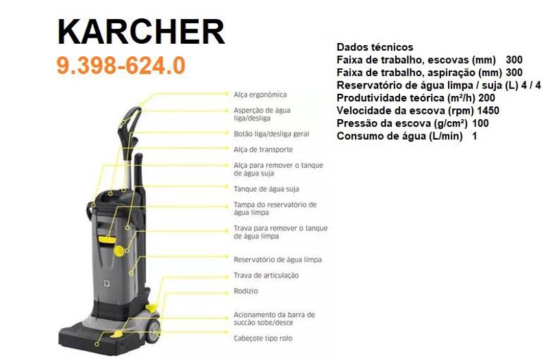 LAVADORA E SECADORA ELETRICA DE PISO COM 820W KARCHER - BR 30/4 C PROFISSIONAL - 9.398-624.0