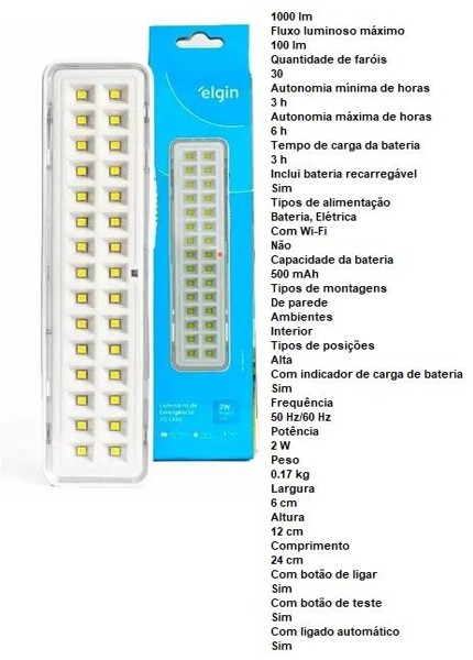 LUMINARIA DE EMERGENCIA ELGIN COM 30 LED