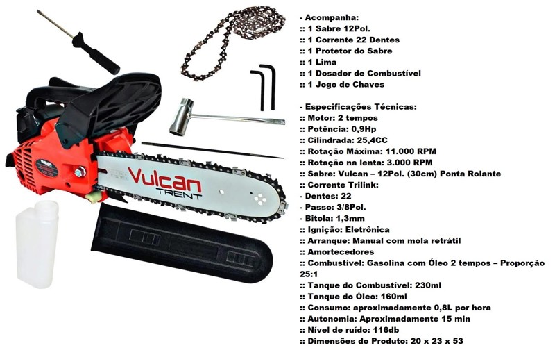 MOTOSSERRA A GASOLINA 2T COM 0,9HP E SERRA SABRE DE 12'' VULCAN - VSL250