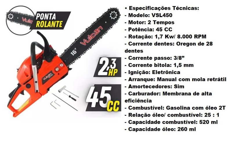 MOTOSSERRA A GASOLINA 2T COM 2,3HP E SERRA SABRE DE 16'' VULCAN - VSL450