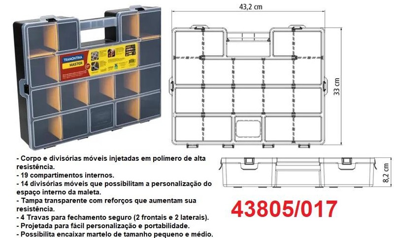 ORGANIZADOR TRAMONTINA PLASTICO 17'' 43CM COM 14 DIVISORIAS - 43805017