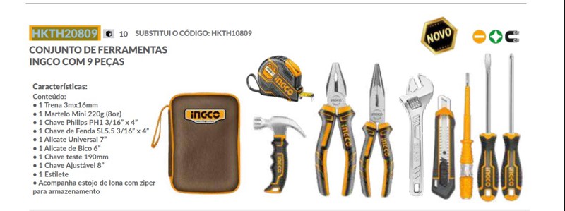 JOGO DE 09PCS COM FERRAMENTAS E BOLSA INGCO - HKTH20809