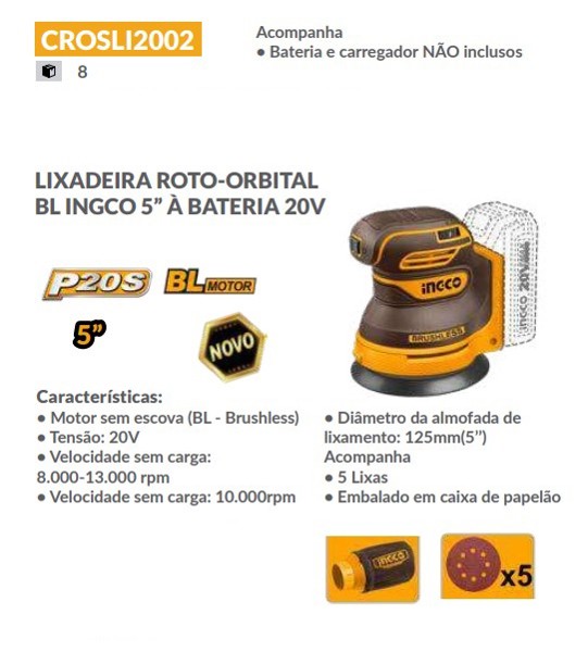 LIXADEIRA ORBITAL INGCO VELCRO A BATERIA 20V - CROSLI2002