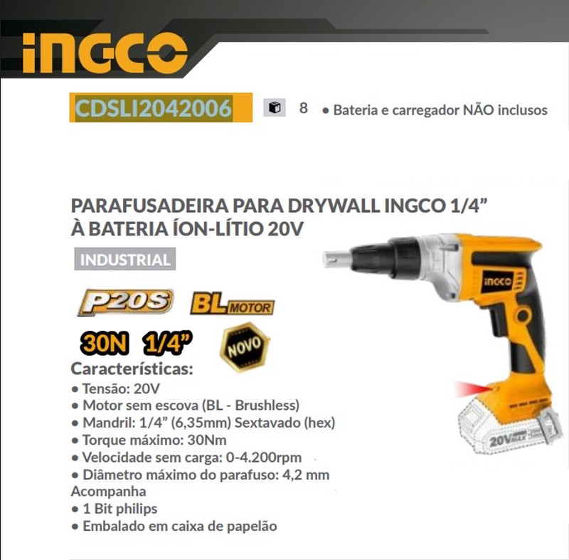 PARAFUSADEIRA INGCO PARA DRYWALL BATERIA 20V - CDSLI2042006