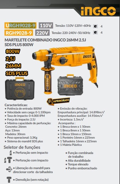 MARTELETE DE IMPACTO INGCO COM 800W E MALETA - RGH9028-9