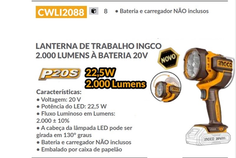 LANTERNA DE LED INGCO BATERIA 20V - 2000 LUMENS - CWLI2088