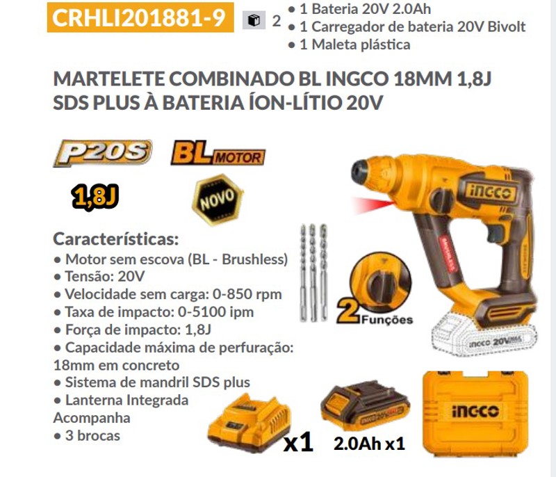 MARTELETE DE IMPACTO 1.8J INGCO BATERIA 20V COMPLETO - CRHLI201881-9