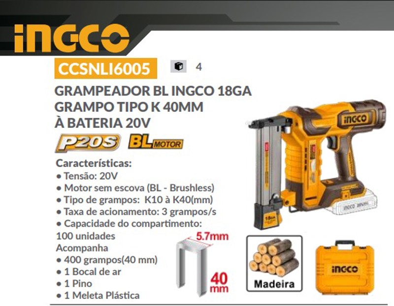 GRAMPEADOR INGCO 18GA BATERIA 20V K40MM  -  CCSNLI6005