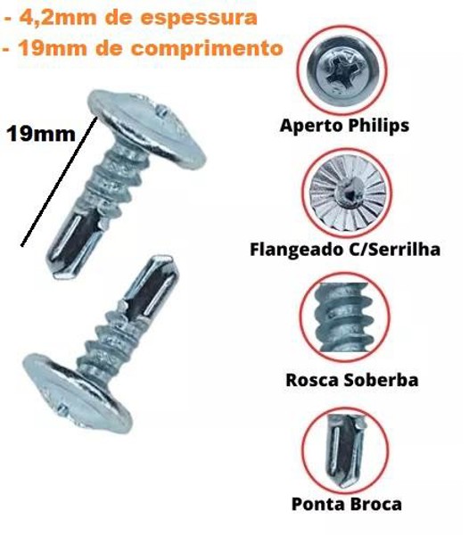 PARAFUSO PHILIPS AUTOBROCANTE FLANGEADO - 4,2X19MM - CAIXA COM 500 UNIDADES