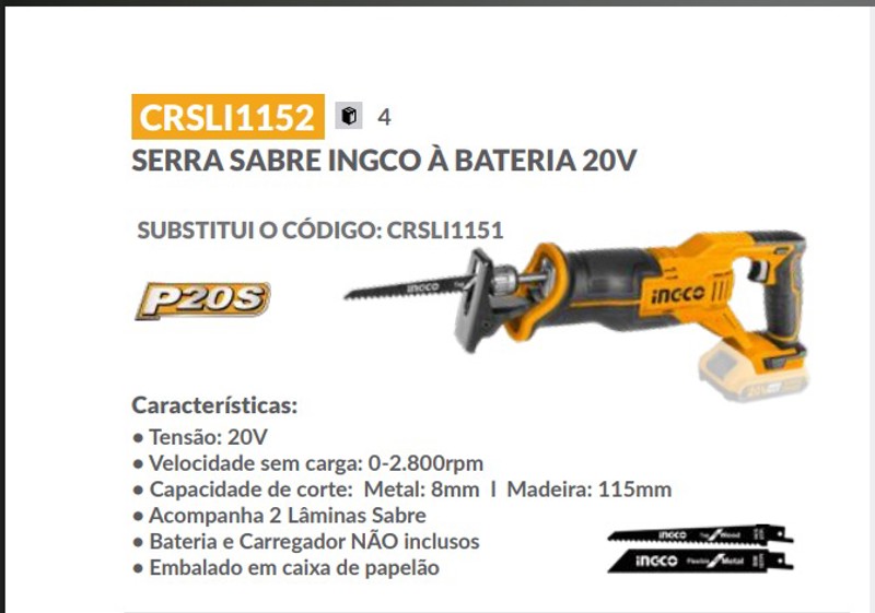 SERRA SABRE A BATERIA 20V INGCO - CRSLI1152