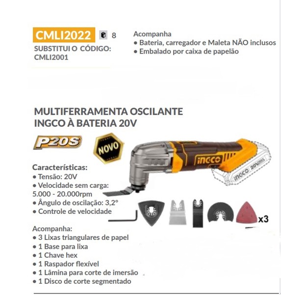 MULTIFERRAMENTA OSCILANTE BATERIA 20V INGCO - CMLI2022