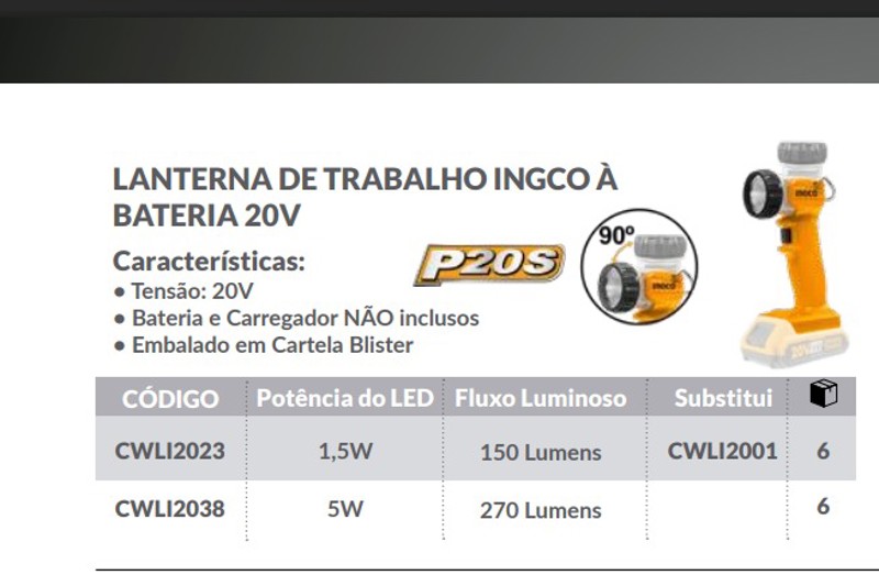 LANTERNA DE LED INGCO BATERIA 20V 270 LUMENS - CWLI2038