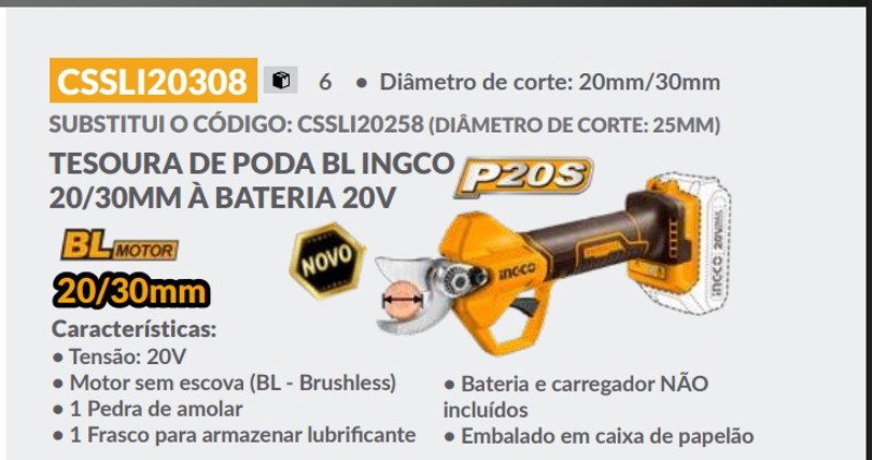 TESOURA DE PODA A BATERIA 20V INGCO - CSSLI20308