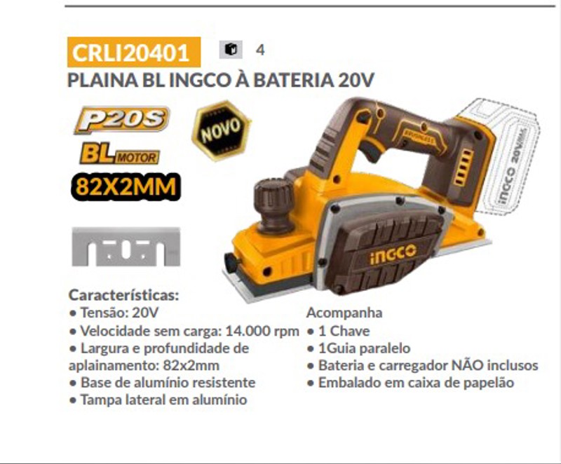 PLAINA A BATERIA 20V 82MM BRUSHLESS INGCO - CRLI20401