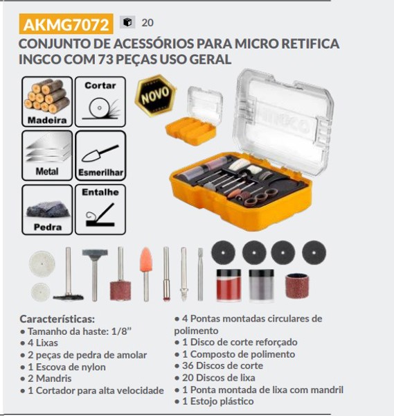 JOGO DE 73PCS COM ACESSORIOS PARA MICRORRETIFICA INGCO - AKMG7072