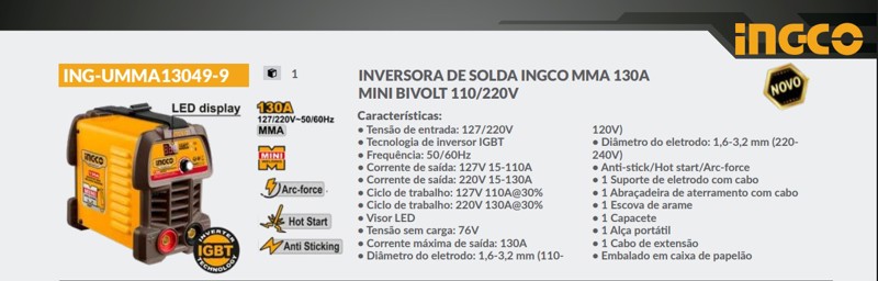 INVERSOR SOLDA 130A BIVOLT INGCO - ING-UMMA13049-9